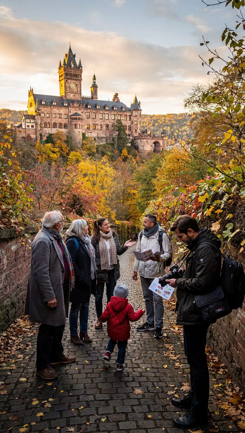 Panoramaaufnahme eines historischen Stadtzentrums mit Sehenswürdigkeiten und Wegweisern für geführte Rundgänge.